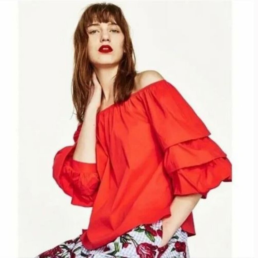 Zara Coral Red Off The Shoulders Poplin Top, NWOT, XS